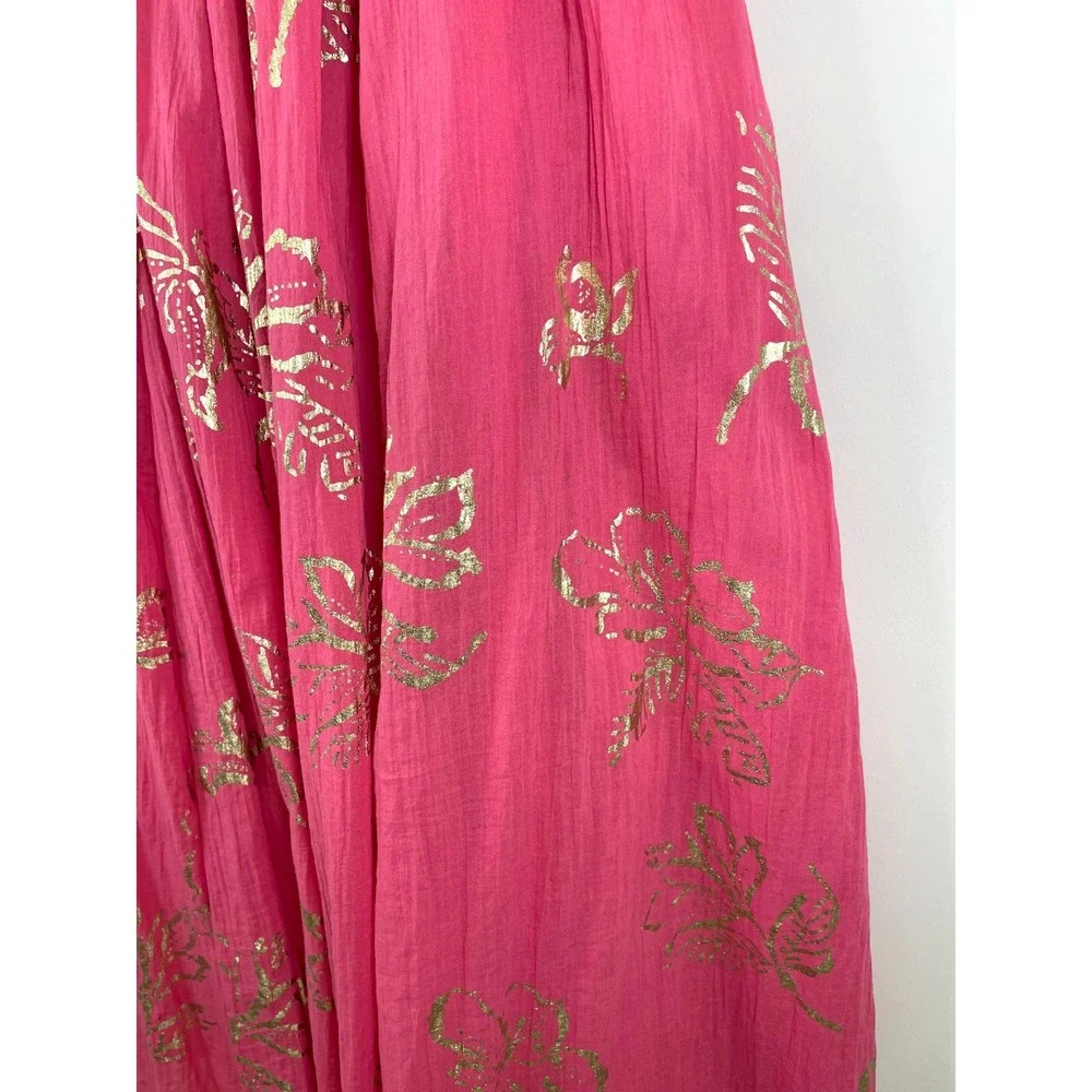 Free People Baja Babe Midi Dress M Hot Pink Gold Foil Strapless Boho OB1104493